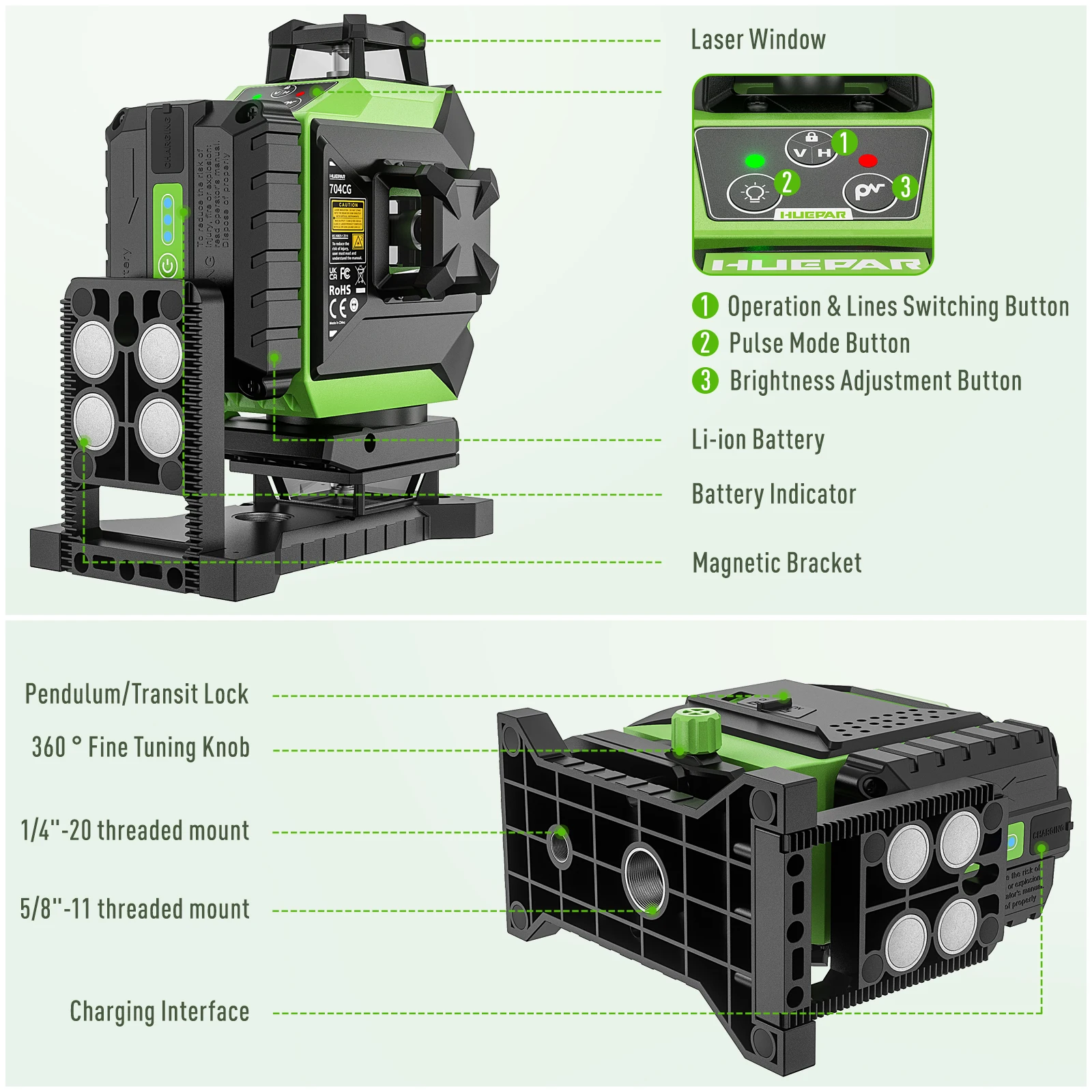 Laser Level 16 Lines 4D Green - Huepar 704CG Digitales 4D 16-Linien-Lasergerät 360°